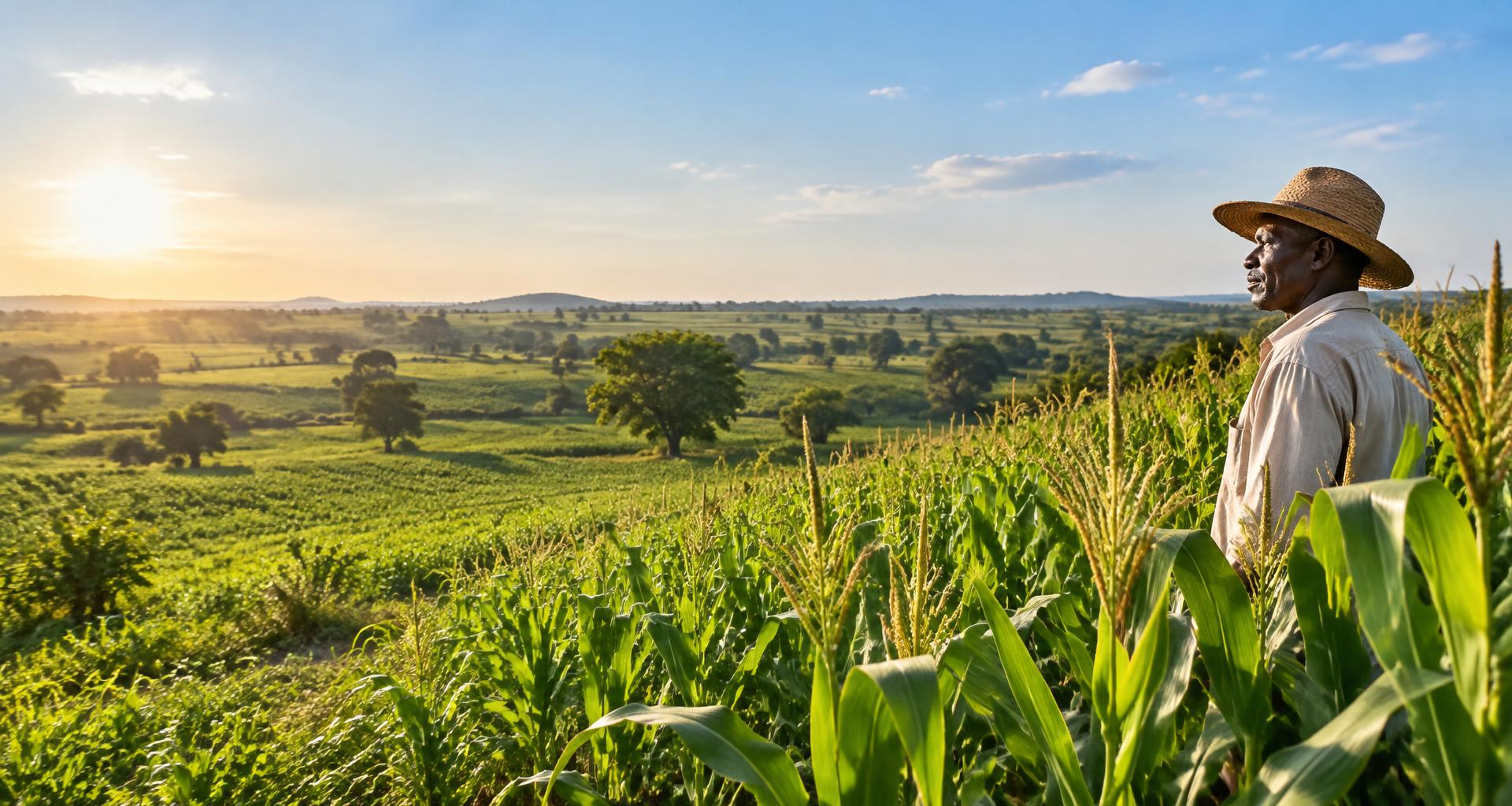 Ghanaian farmer overlooking thriving maize fields